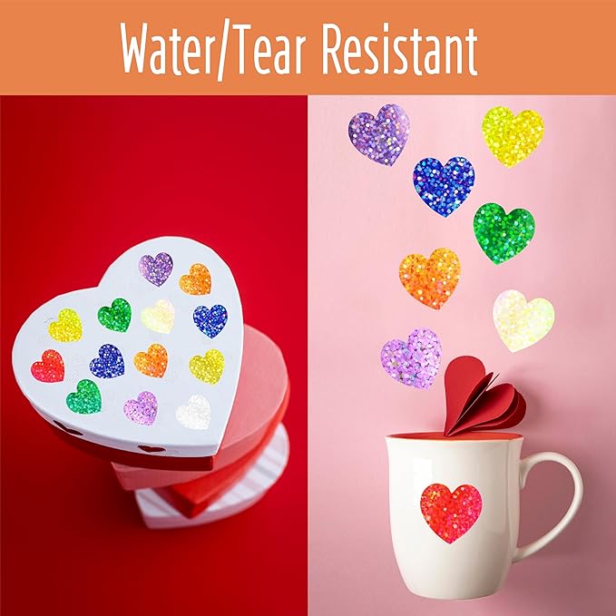 500 PCS Glitter Heart Stickers, 8 Colors Metallic Glitter Stickers Self Adhesive Waterproof Reflective Heart Stickers Love Decorative Labels for Wedding, Classroom Teacher Supplies (Each Measures 1”)