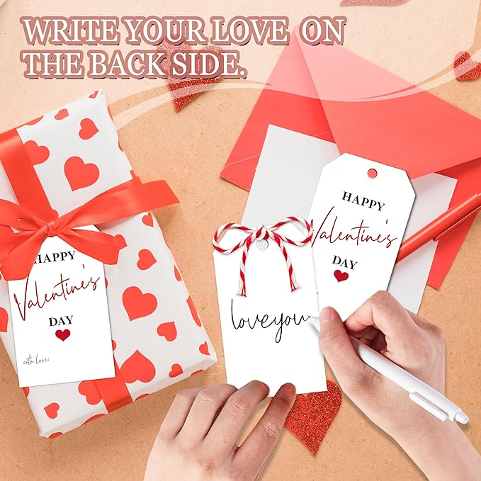 50Pcs Happy Valentines Tags for Bags - 3.5 x 2.1 in Valentine Gift Tags with String, Hanging Paper Gift Label for Wrapping Treat Bag, Idea Valentines Activity School Classroom Party Favors