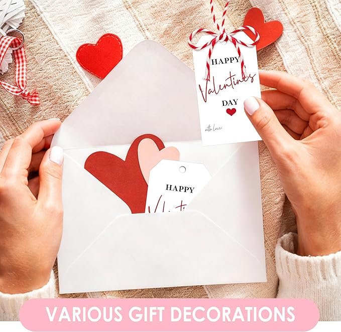 50Pcs Happy Valentines Tags for Bags - 3.5 x 2.1 in Valentine Gift Tags with String, Hanging Paper Gift Label for Wrapping Treat Bag, Idea Valentines Activity School Classroom Party Favors