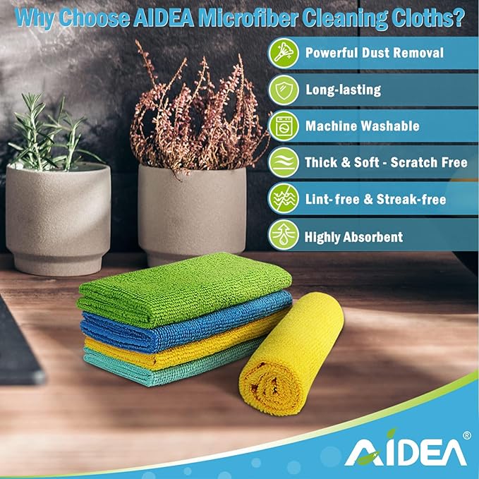 AIDEA Microfiber Cleaning Cloth, 10PK, Soft Absorbent Rags, Microfiber Towels for Cars, Kitchen Towels, Dusting Cloth for Home, Window, Cleaning Supplies, 12"×12"