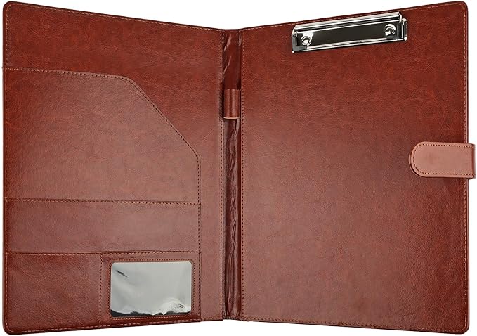 Professional Padfolio with Clipboard, Faux Leather Portfolio Folder Binder, Legal Pad Holder for A4 Letter Size Notepad, Resume, Writing Pad, Ideal Organizer for Business Office Conference (Brown)