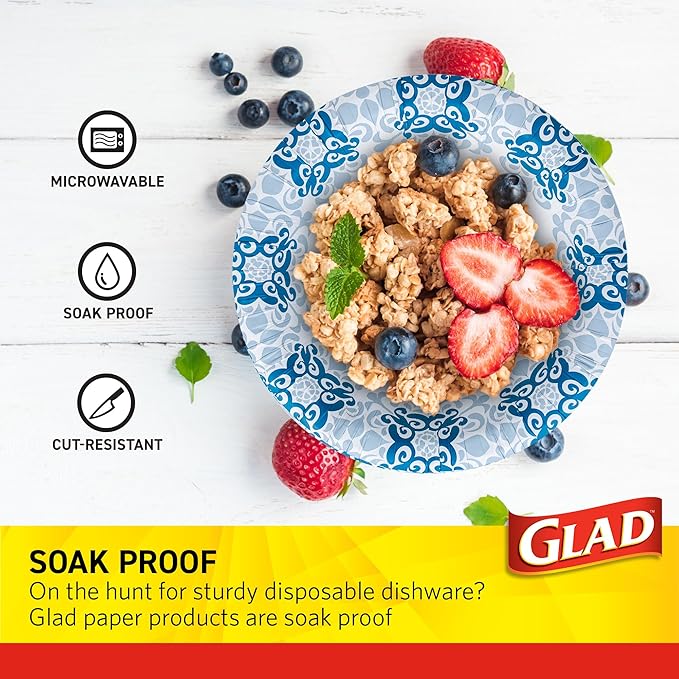 Glad Round Disposable Paper Bowls, Green Victorian Design - Heavy Duty, Soak Proof, Cut-Resistant, Microwavable Bowl for All Foods & Daily Use, 16 Oz, 50 Count