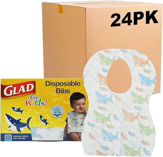 Glad for Kids Shark Disposable Paper Bibs with Crumb Catcher, Absorbent Leakproof Bibs for Toddlers and Babies, Mess Free Feeding, Crafts, Parties, and Travel Use, 30 Count - 24 Pack