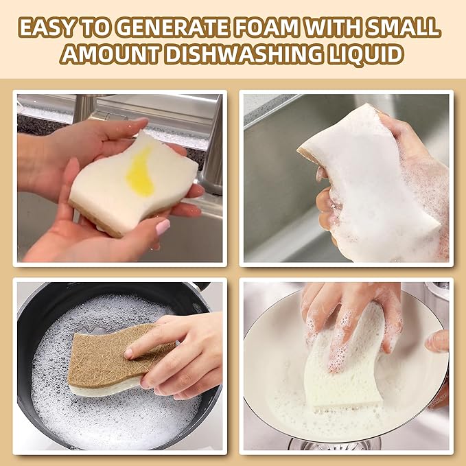 12 Pack Natural Kitchen Sponges, Biodegradable & Compostable | Non-Scratch Cellulose Coconut Fiber Sponges for Dishes, Pots & Pans | Eco-Friendly Cleaning Sponge