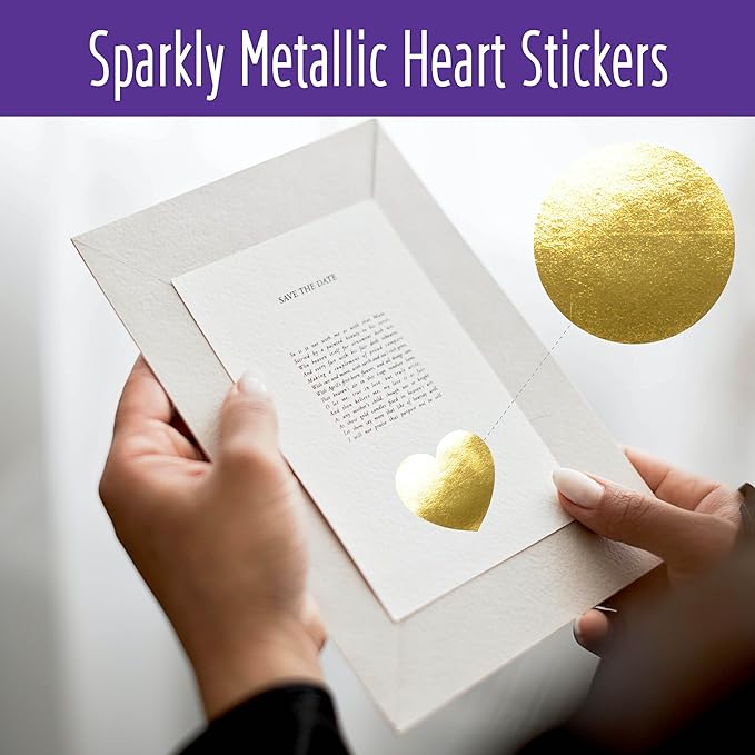 500 Golden Heart Stickers, Metallic Golden, Waterproof Reflective Heart Stickers - Love Decorative Labels for Wedding, Valentine's Day Supplies (1' Each)