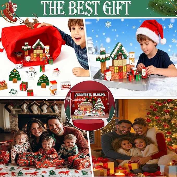 Christmas Magnetic Blocks-45PCS Xmas-Themed Building Blocks for Boys & Girls Aged 3-8 STEM Stacking Toys Games for Kids Toddlers