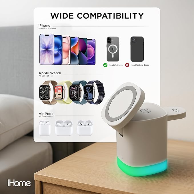 iHome 3-in-1 Wireless Charging Stand, 15W Fast Charge, LED Light, MagSafe Compatible, Foldable Design