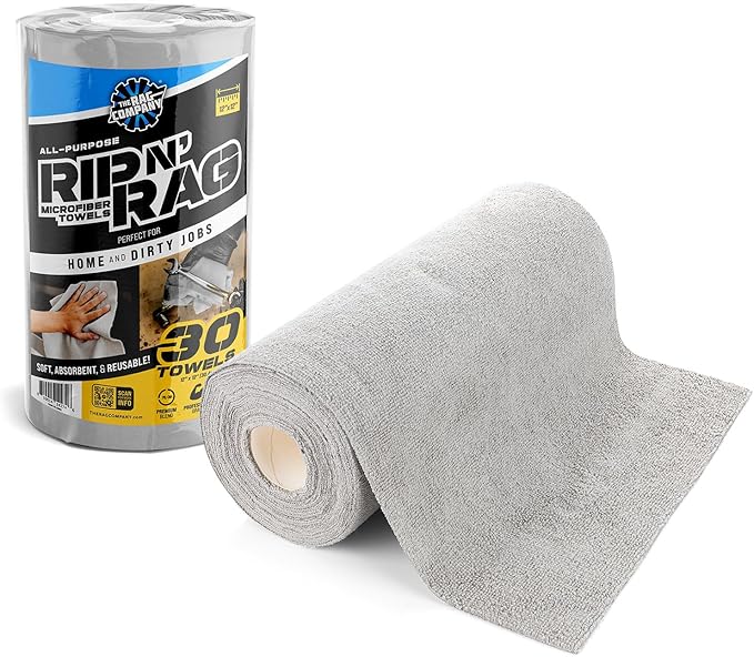The Rag Company - Rip N' Rag Multi-Purpose Reusable Microfiber Towels for Home, Office, Garage, RV and More - 30 Count Roll - Premium 70/30 Blend - 200gsm