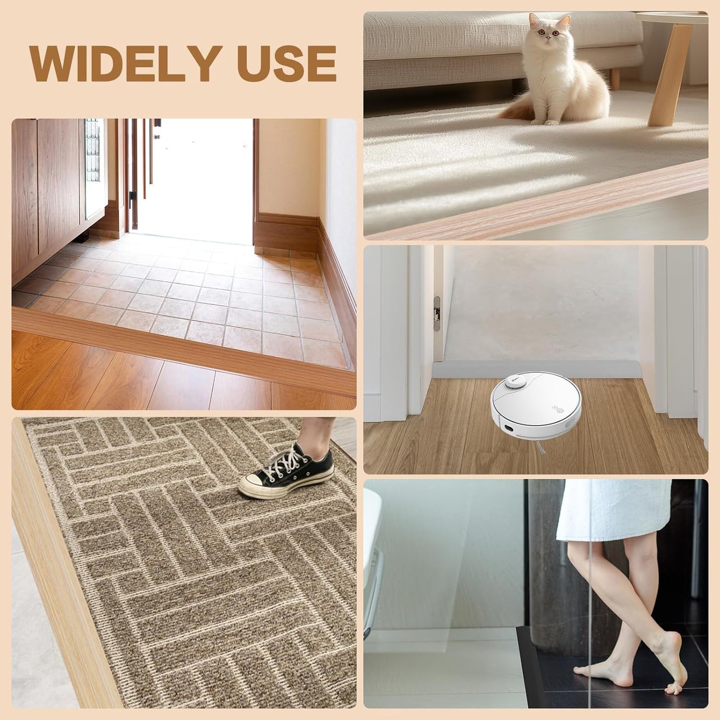 Floor Transition Strip Vinyl Door Threshold Ramp Self Adhesive Carpet Edging Strip Doorway Edge Trim, Overlap Edge Reducer for Laminate Carpet, Floor, Tile (Black, 1/5" to 2/5", 10Ft)