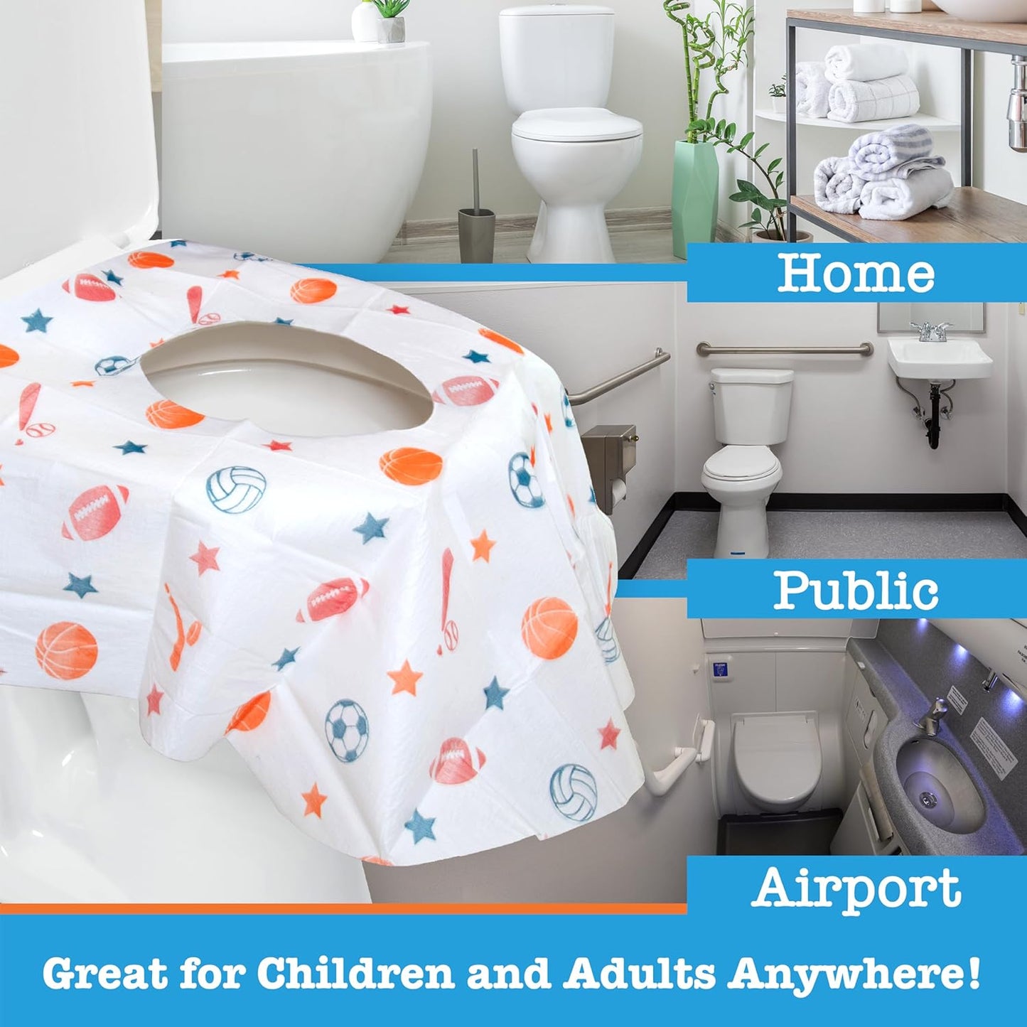 Toilet Seat Covers Disposable (20 Pack, Sports) - XL Waterproof Toilet Cover for Toddlers, Kids & Adults - Portable & Individually Wrapped for Travel, Potty Training & Public Restrooms