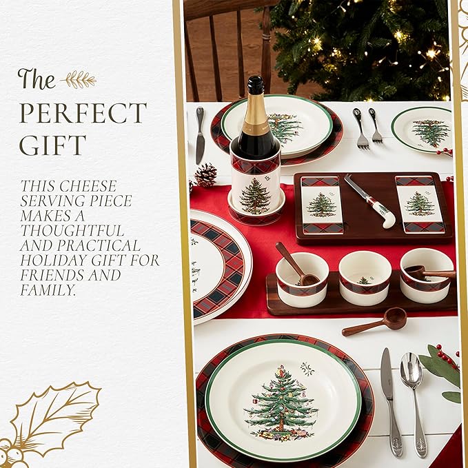 Spode Christmas Tree Cheese Board & Knife Set, Tartan Plaid - Holiday Entertaining, Charcuterie & Cracker Tray, Seasonal Serveware - Christmas Table Setting & Presentation