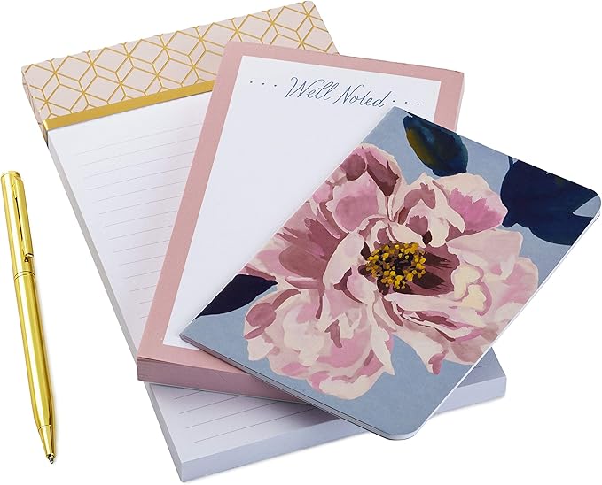 Hallmark Notepad Bundle with Pen, Pretty Pinks (3 Notepads in Assorted Sizes with Gold Pen)