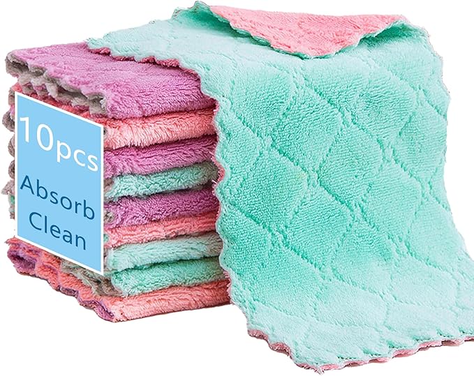 Microfiber Cleaning Cloths - Super Absorbent, Streak-Free & Lint-Free Towels for Glass, Kitchen & Home (Gray, Purple, Pink, Green) (10pcs)