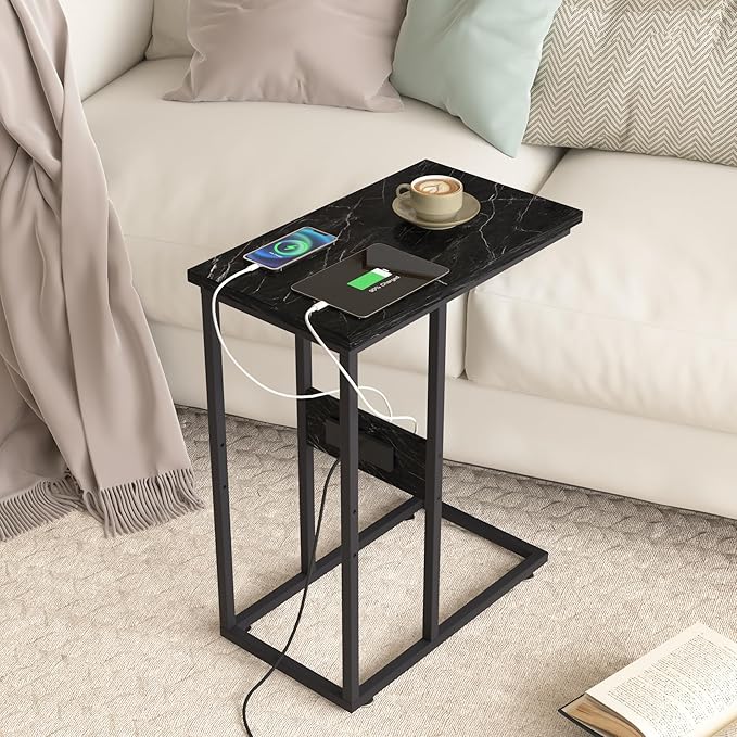VECELO C Shaped End Table with Charging Station & Power Outlets, Quick Access Side Table for Sofa, C Bedside for Living Room Bedroom 1 Set,Black Marble