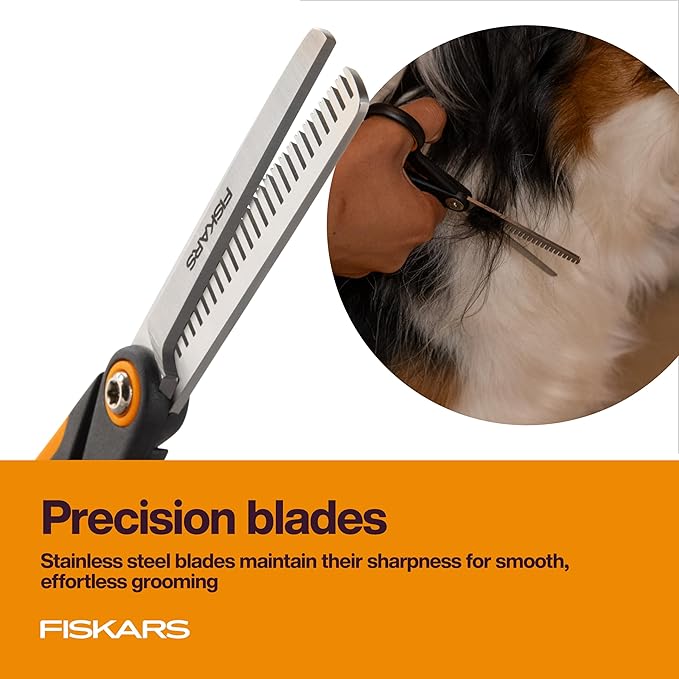 Fiskars Pet, Dog and Cat Grooming Scissors, Serrated Teeth for Thinning & SoftGrip Handle, Cat and Dog Supplies, 6.5”, Orange/Black, Blending Scissors