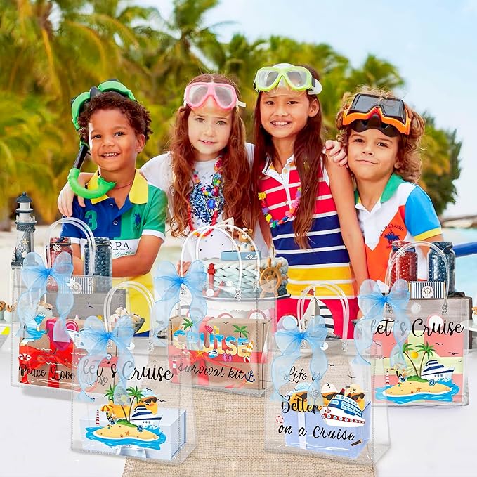 H1vojoxo Summer PVC Gift Bags - 24PCS Cruise Clear PVC Gift Bags with Handle and Blue Ribbon 4 Styles Waterproof and Reusable Cruise Beach Theme Transparent Tote Bag Nautical Party Favor Bag