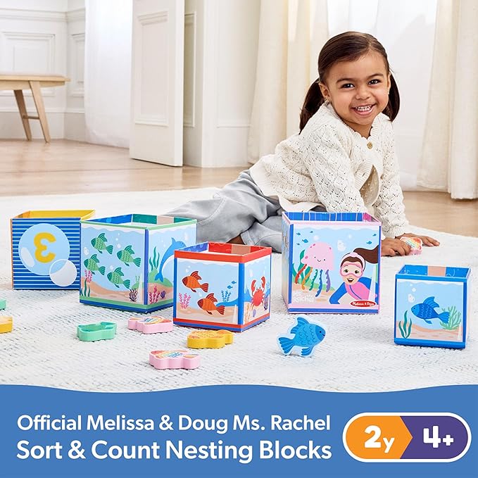 Melissa & Doug® Ms. Rachel™ Sort and Count Nesting and Stacking Blocks with Wooden Fish Preschool Learning Toy for Boys, Girls - FSC Certified