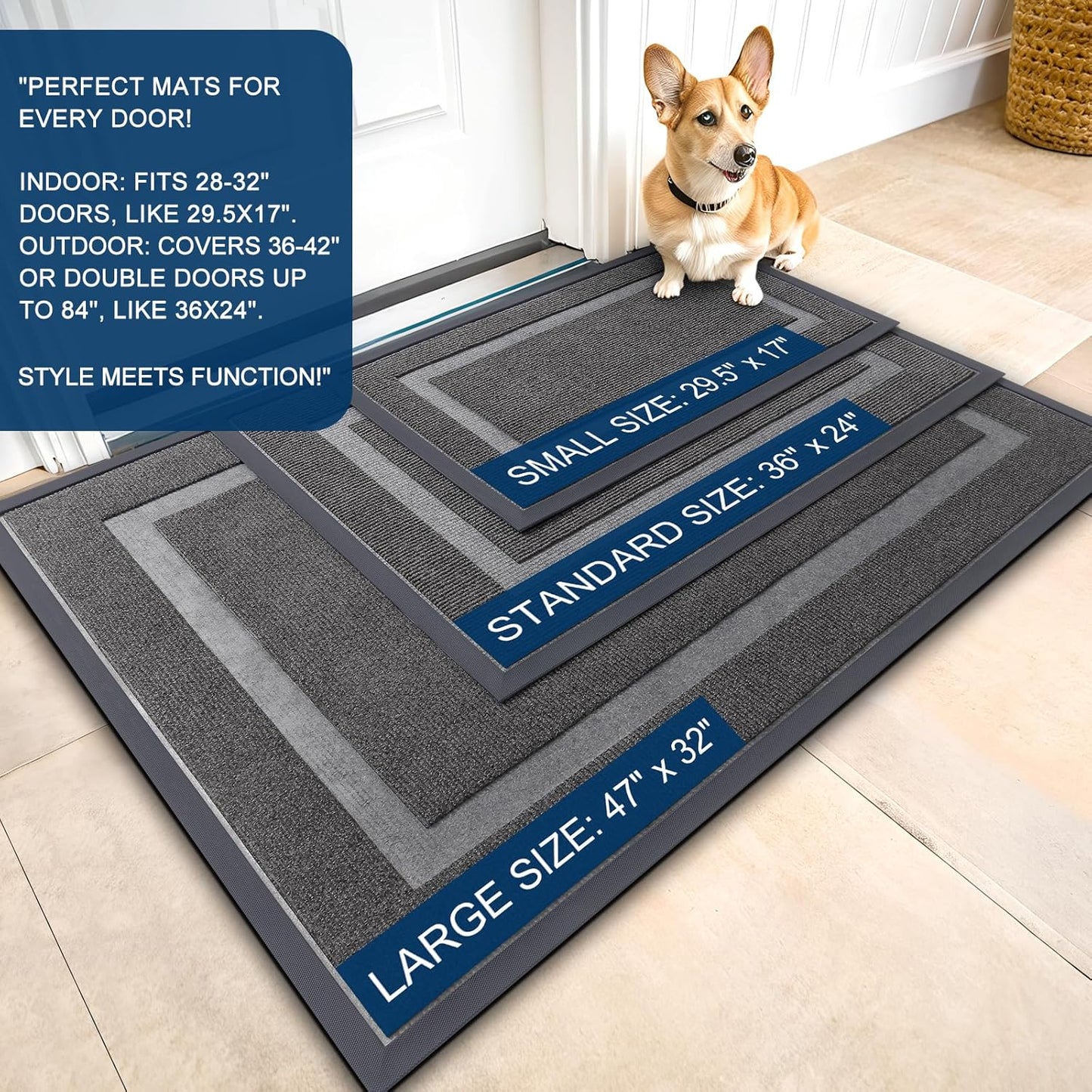 OLANLY Front Door Mat Indoor Outdoor Entrance, Waterproof All-Season, All-Weather Doormat, Sturdy Natural Rubber, Fade Resistant, Low Profile, Easy Clean Patio Porch Entryway Mat, 47x17, Dark Grey