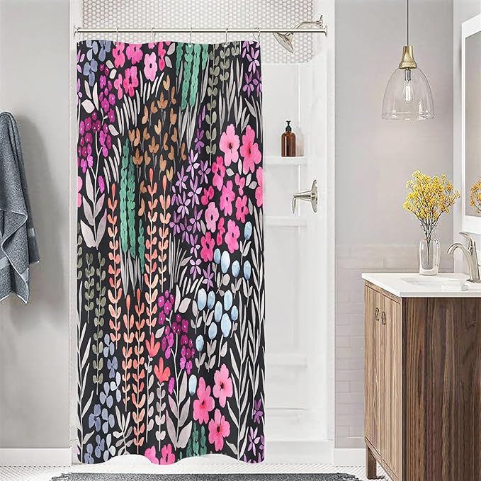 Small Stall Shower Curtain 36 x 72 Inch, Half Narrow Cute Floral Shower Curtain for Bathroom, Black Hot Pink Wildflower Boho Cottagecore Fabric Shower Curtain Set with Hooks