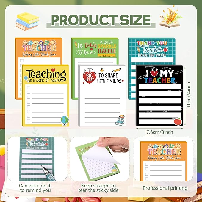 Thenshop 6 Set Teacher Appreciation Gifts 6 Teacher Sticky Notes and 6 Fun Ballpoint Pens Thank You Gifts for Teacher Office Supplies