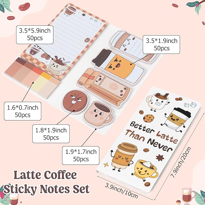 B1ykin Cute Sticky Notes Set - Better Latte Than Never Self-Stick Notes Pad, 550 Sheets Writing Memo Pages Sticky Notepad for Teacher Appreciation Gifts, School Office Party Favors Supplies (Latte)