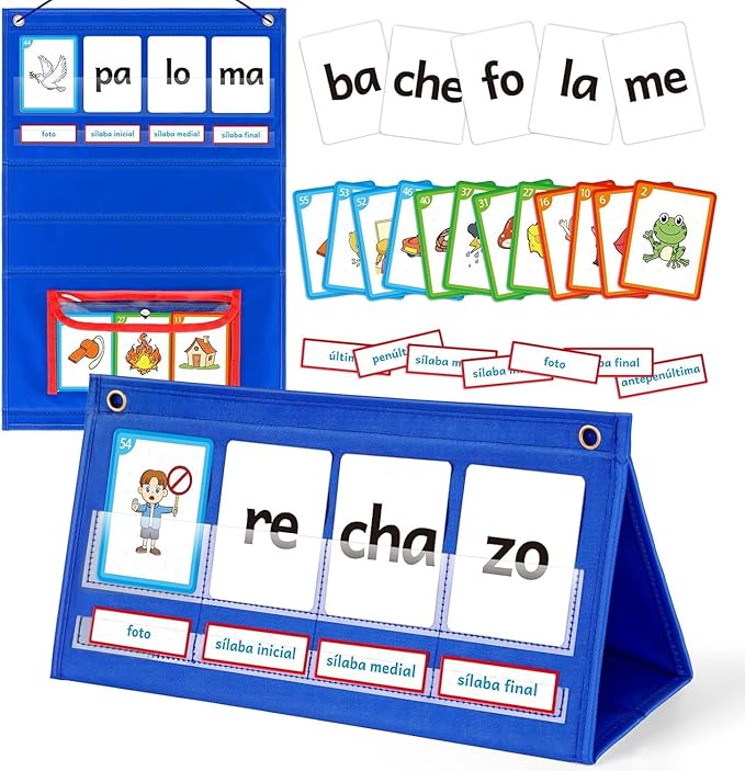 Spanish Learning Word Building Pocket Chart for Kids, Spanish Vocabulary Games Toddler Flash Cards Sight Words Flashcards Languages Spelling Reading Phonics Games for Kindergarten Preschool