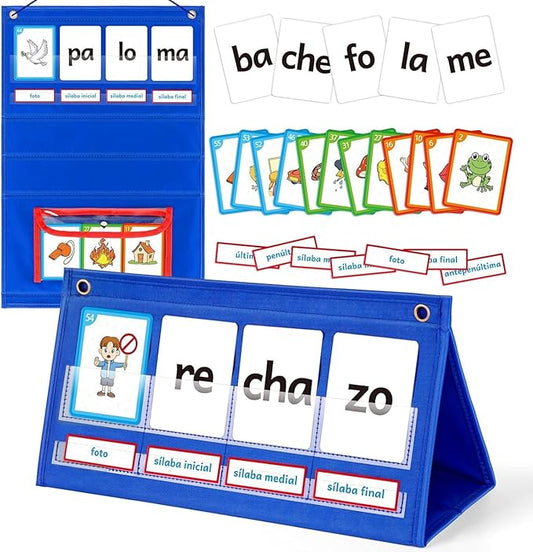 Spanish Learning Word Building Pocket Chart for Kids, Spanish Vocabulary Games Toddler Flash Cards Sight Words Flashcards Languages Spelling Reading Phonics Games for Kindergarten Preschool