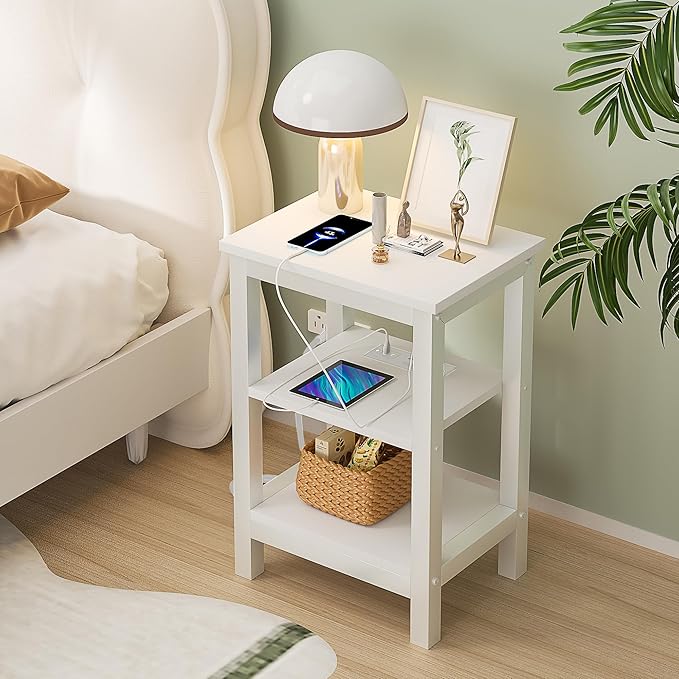 VECELO Modern Nightstands with Charging Station,Side End Table Night Stand with Storage Shelf for Small Spaces, Bedroom,Living Room