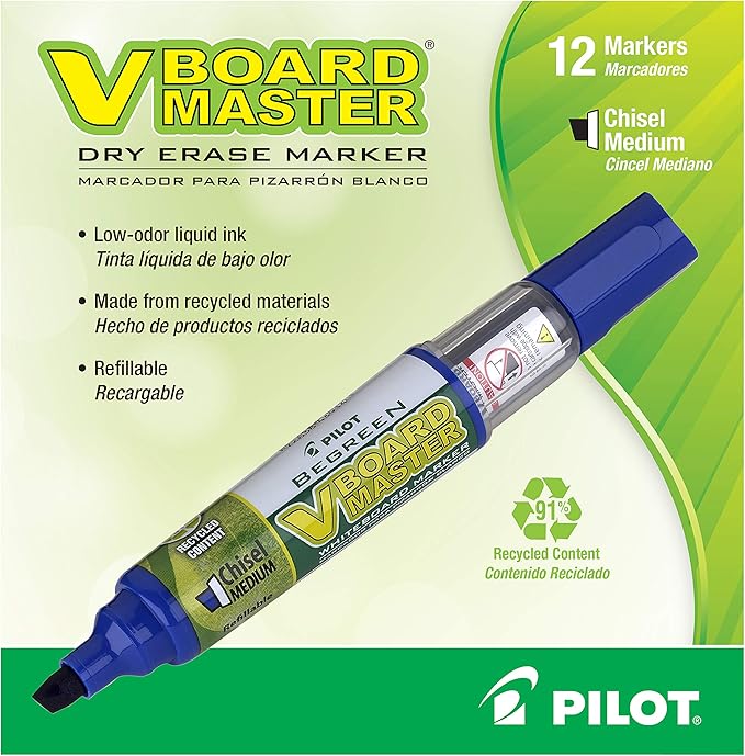 PILOT V Board Master BeGreen Refillable White Board Markers, Chisel Tip, Blue Ink, 12 Count