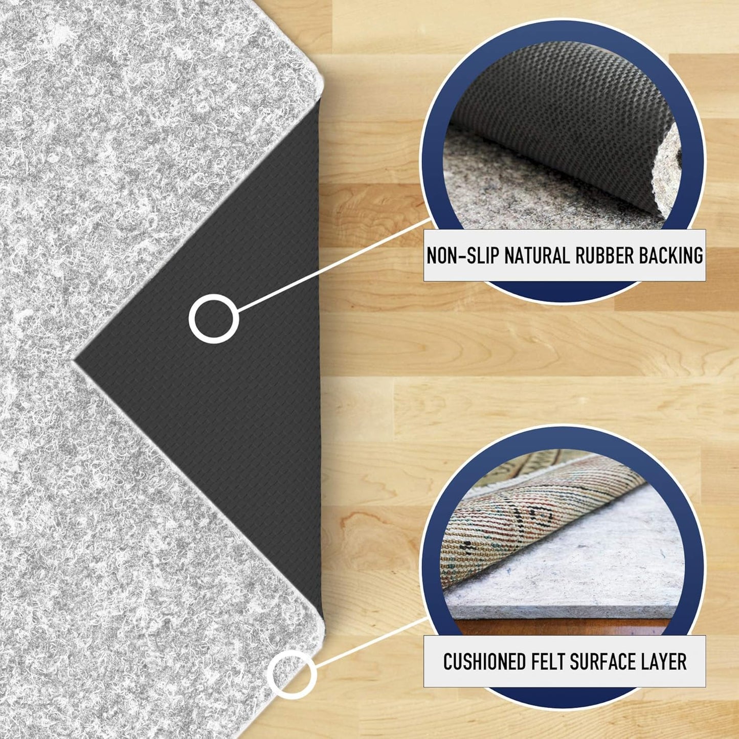 RUGPADUSA - Dual Surface - 6' Round - 1/4" Thick - Felt + Rubber - Non-Slip Backing Rug Pad - Safe for All Floors