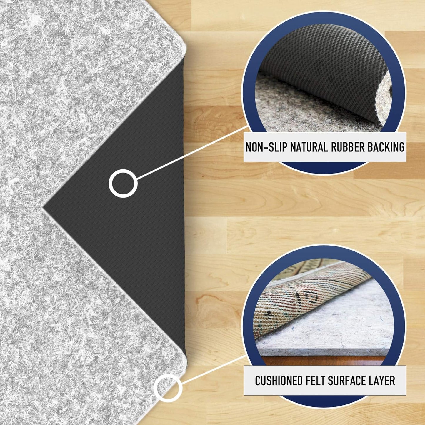 RUGPADUSA - Dual Surface - 8' Square - 1/4" Thick - Felt + Rubber - Non-Slip Backing Rug Pad - Safe for All Floors