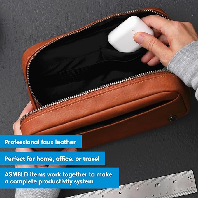 Blue Sky ASMBLD Tech Organizer, 8" x 4.5" x 2", Faux Leather, Non-Dated, Zip Closure, Travel Cable Organizer for Cords, Chargers, and Accessories (Zip Closure, Tan)