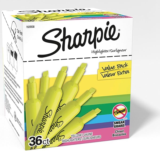 Sharpie Tank Style Highlighters, Chisel Tip, Fluorescent Yellow, Box of 36 (1920938)