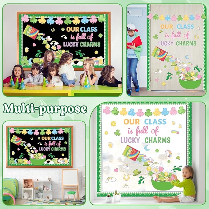 St. Patrick's Day Bulletin Board Set Our Class is Full of Charms Classroom Decoration Shamrock Rainbow Gold Coin Cutouts for Irish Holiday Party Supplies March Classroom School Chalkboard Wall Decor
