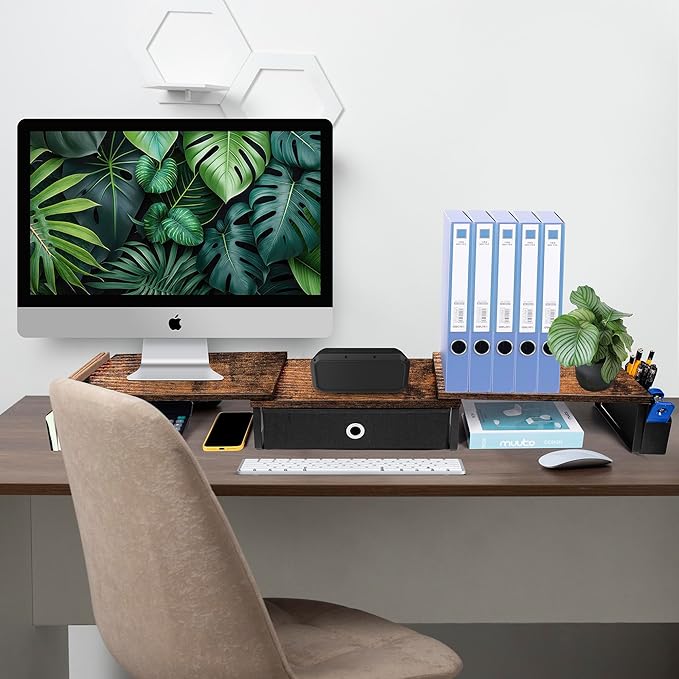 Dual Monitor Stand Riser With Drawer, Office Desk Organizers and Accessories, Computer Riser for 2 Monitors, Shelf With Adjustable Length & Angle