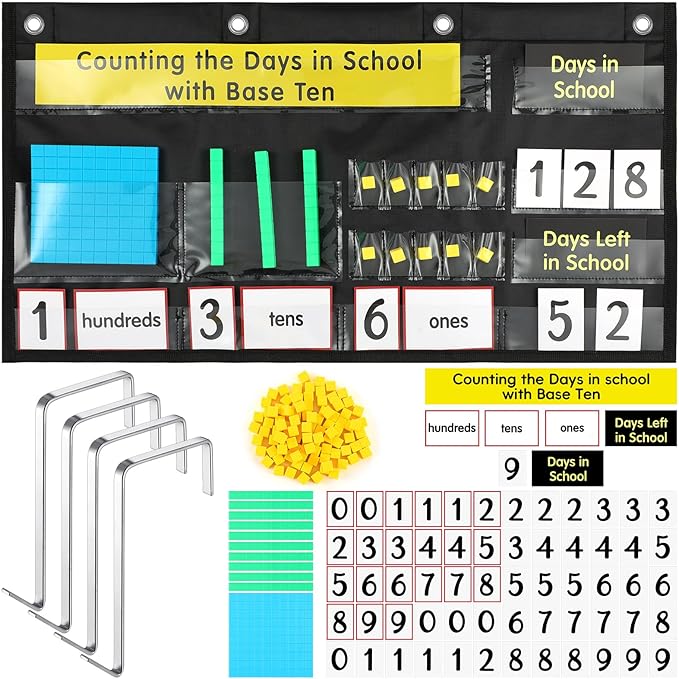 Back to School Counting The Days with Base Ten Pocket Chart Place Value, Counting Caddie Pocket Chart for Classroom Bulletin Board School or Home Decor, 4 Hooks(Black,Classic Style)