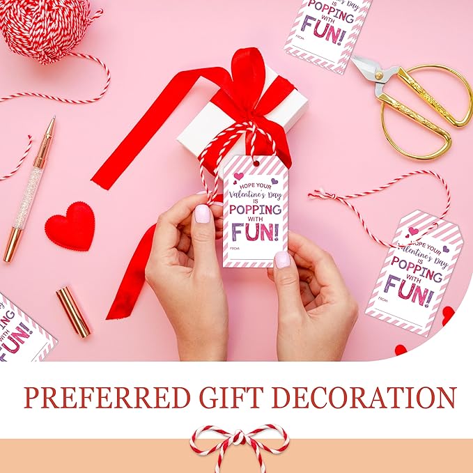 50 Pcs Have A Poppin Valentines Day Sticker Label, Valentine Gift Tags with String, Gift Label Idea Valentines Activity Party Favors-Pink White