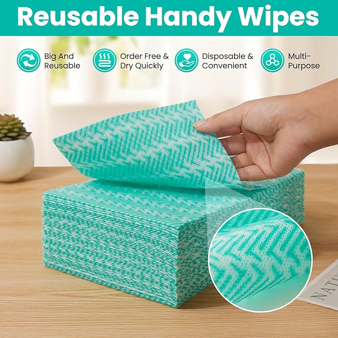 Reusable Cleaning Towels Reusable Cloths Dish Cloths, 50 Count Multi-Purpose Handy Towel, Disposabel Dry Kitchen Wipes, Durable, Absoebent, Dry Quickly, Green, Handi Wipe