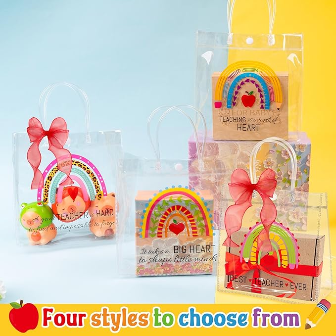 H1vojoxo Teacher's Day Gift Bags - 24PCS Teacher Appreciation Gift Clear Bags with Red DIY Ribbon 7.87x3.2x7.87 Inch Clear PVC Tote Bag with Handles Reusable PVC Thank You Gift Wrap Bag for Teachers