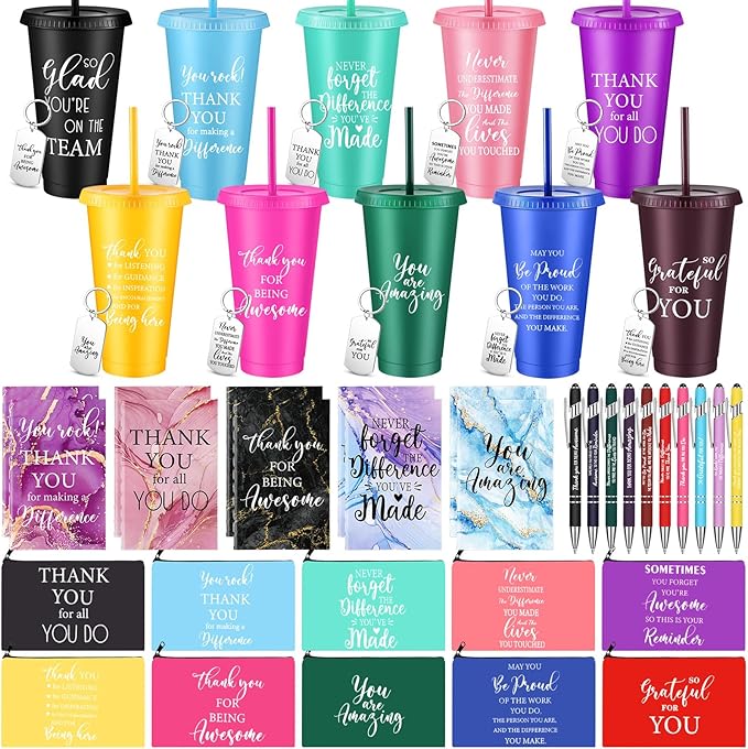 50 Pcs Employee Appreciation Gift for Women 24 oz Thank You Plastic Tumbler with Inspirational Notepads Ballpoint Pens Makeup Bag Keychain Professional Gifts for Coworker Holiday