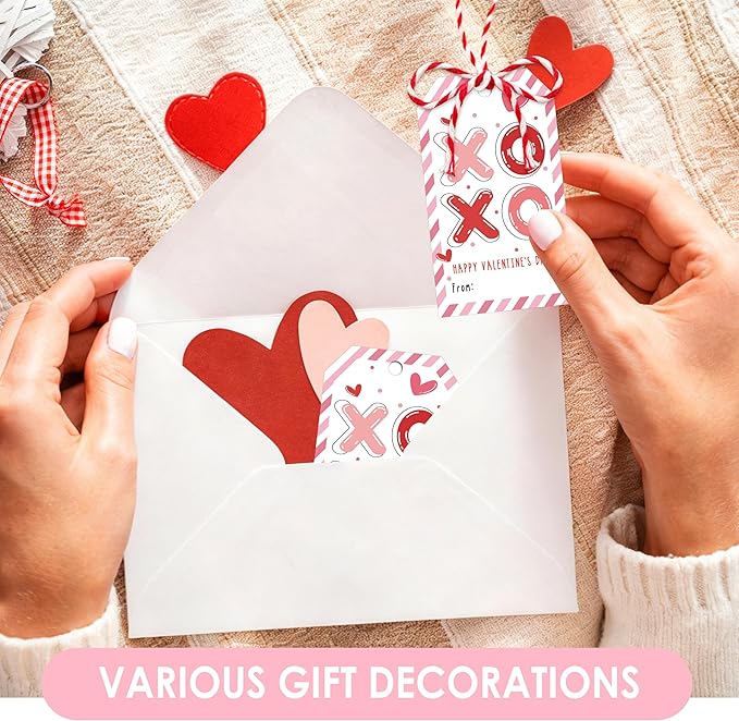 50Pcs Happy Valentines Tags for Bags, XOXO Valentine Gift Label with String, Sweet Themed Party or Valentine' Day Thank You Gift Tags Great for Party Favors