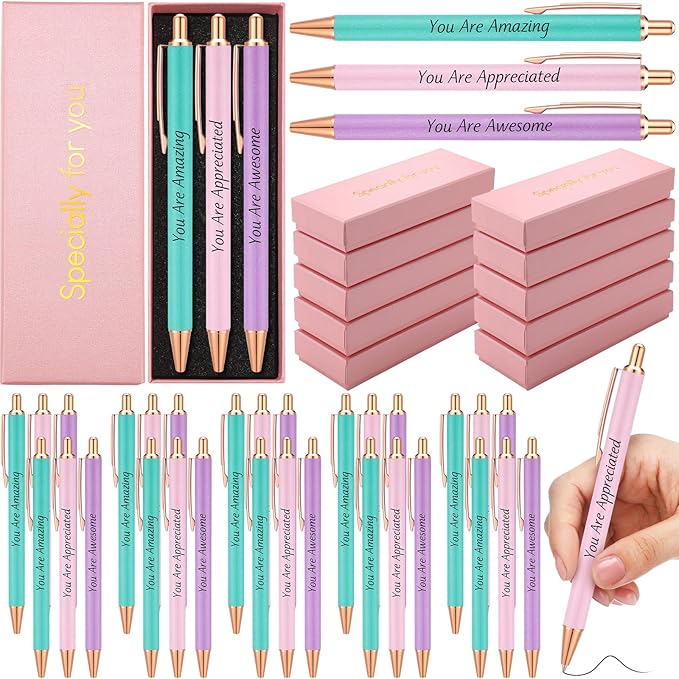 Tenceur 50 Pcs Pink Thank You Gifts for Women Bulk Employee Appreciation Gift Set with 30 Luxury Ballpoint Pens 10 Greeting Cards and 10 Gift Boxes for Teacher Nurse Coworker Volunteers(Christian)