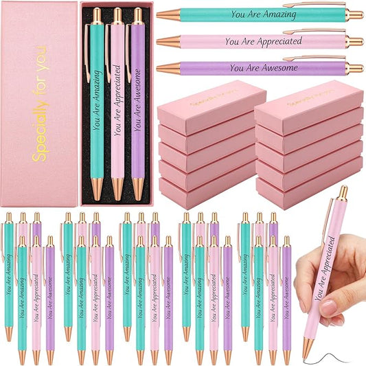 Tenceur 50 Pcs Pink Thank You Gifts for Women Bulk Employee Appreciation Gift Set with 30 Luxury Ballpoint Pens 10 Greeting Cards and 10 Gift Boxes for Teacher Nurse Coworker Volunteers(Christian)