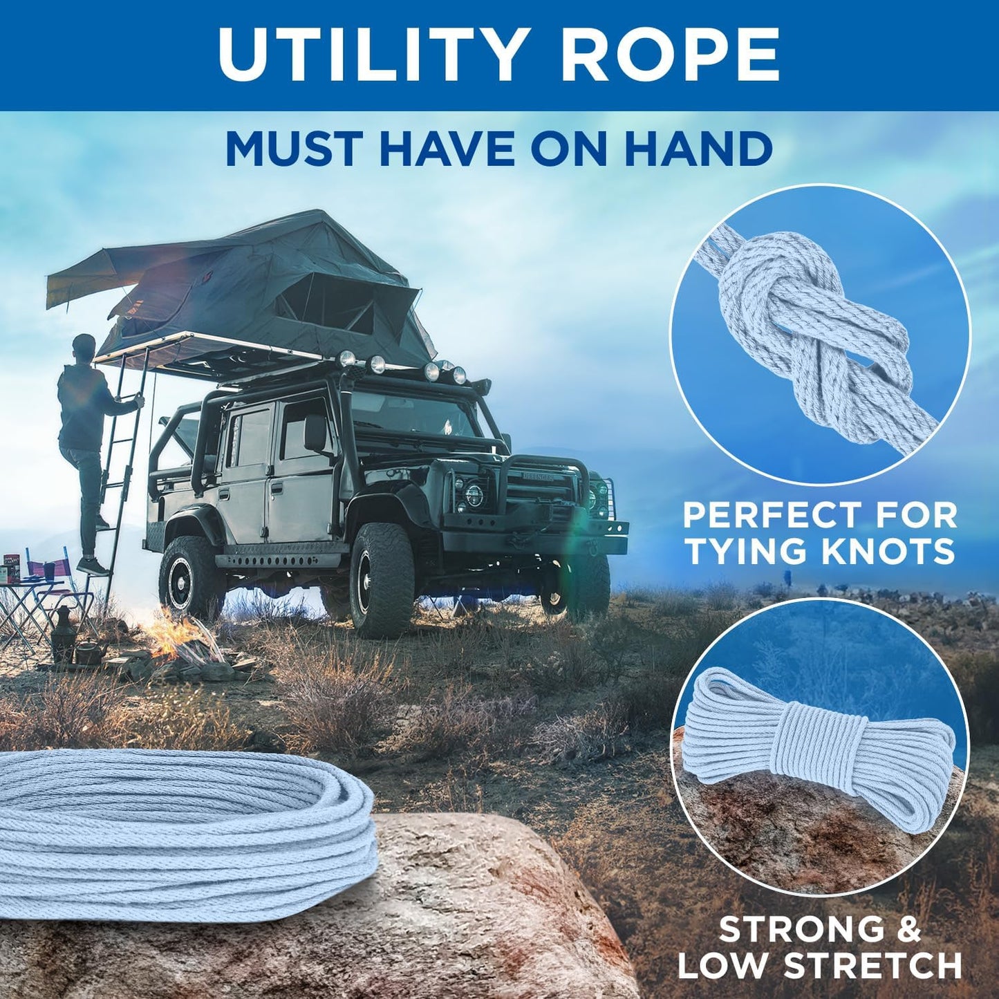 TECEUM Cotton Rope 3/16” (5 mm) – 100 FT – Strong All-Purpose Braided Rope – Natural Cotton – for Crafting, Сamping, Clothes Line, DIY, Indoor & Outdoor Use – Baby Blue