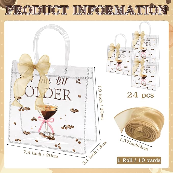 H1vojoxo Martini Party Gift Bags - 24PCS A Tini Bit Older Clear PVC Gift Bags with Handle Ribbon 7.9x3.1x7.9 Inch Bar Party Birthday Martini Espresso Party Favor Tote Bag