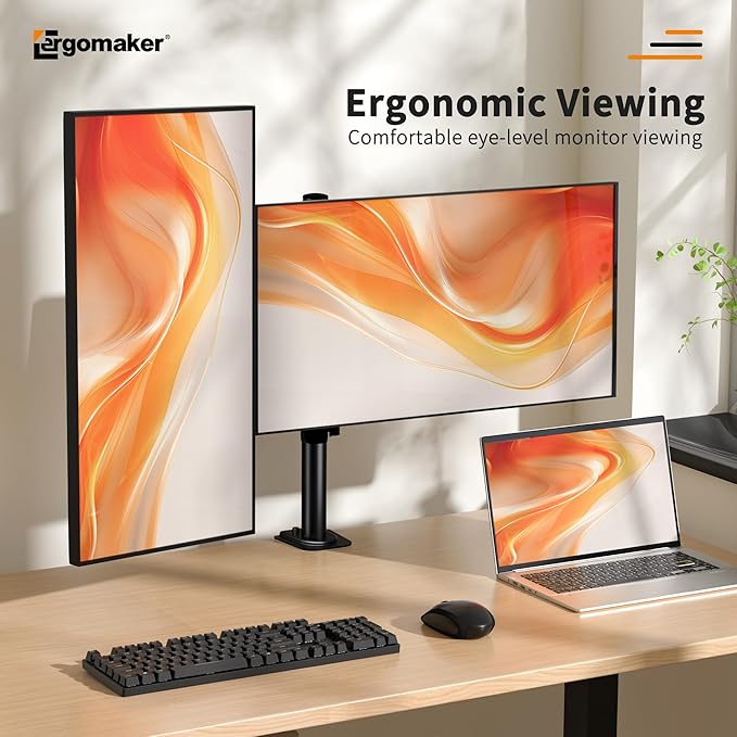 ERGOMAKER Dual Monitor Mount for Desk, Monitor Stand Holds 2 Computer Screens Fits 13" to 27", Heavy Duty Fully Adjustable Monitor Arm with C-Clamp and Grommet Base, VESA 75x75 100x100mm, Black