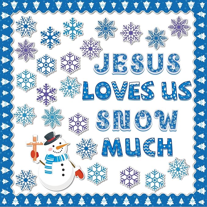Winter Bulletin Board Decoration Set Winter Snowflakes Snowman Paper Cutouts Christmas Christian School Church Decor for Classroom Religious Christmas Home Wall Decor Supplies(Jesus Love Us Snow Much)