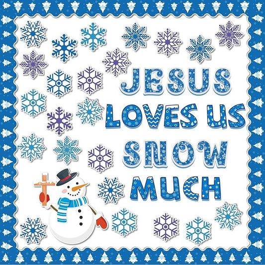 Winter Bulletin Board Decoration Set Winter Snowflakes Snowman Paper Cutouts Christmas Christian School Church Decor for Classroom Religious Christmas Home Wall Decor Supplies(Jesus Love Us Snow Much)