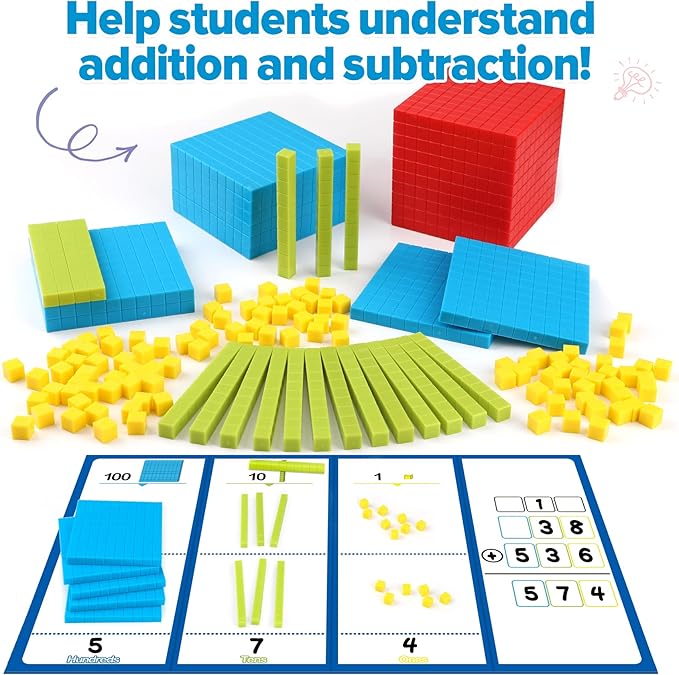 Torlam 131 PCS Base Ten Blocks - Place Value Blocks, Plastic Base 10 Math Manipulatives for 1st Grade, Addition and Subtraction Games Math Counters and Cubes for Kids