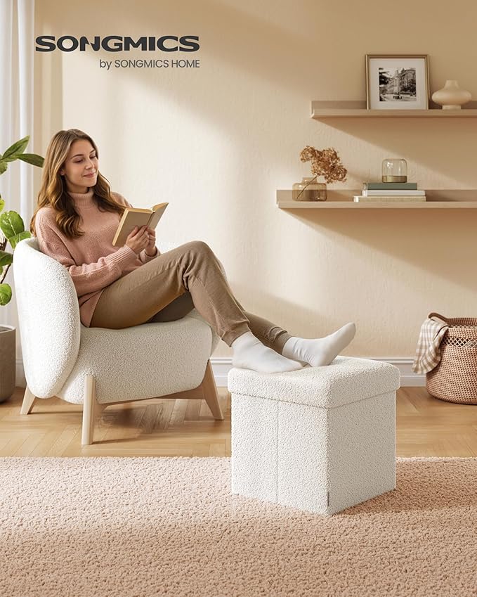 SONGMICS Small Folding Storage Ottoman, Foot Rest Stool, 15 x 15 x 15 Inches, Ottoman with Storage, Load up to 660 lb, for Living Room, Bedroom, Dorm, Cream White ULSF095W01